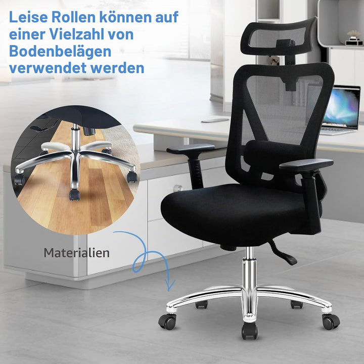 Durrafy Ergonomischer Bürostuhl, Schreibtischstuhl hat Kopfstütze, Lendenwirbelstütze, Armlehnen, Hö