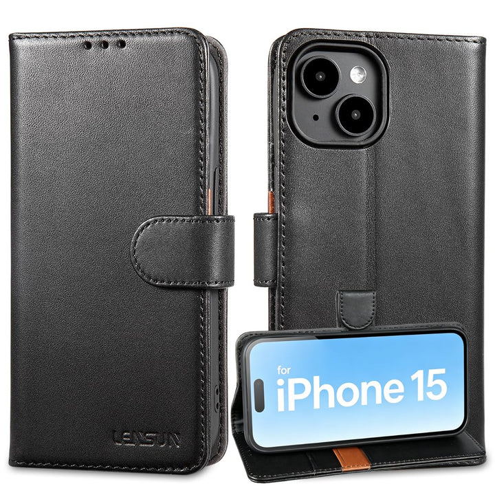 LENSUN Echtleder Hülle für iPhone 15, Handyhülle [Echtes Leder][Magnetverschluss][RFID Schutz] Handy