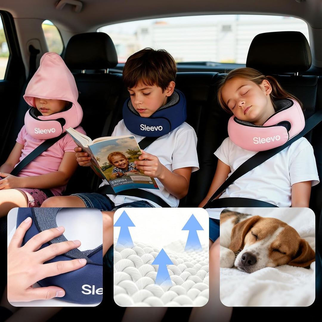 Nackenkissen Flugzeug Kinder mit Kapuze & Memory Foam – Nackenhörnchen & Kopfstütze für Auto & Flugz