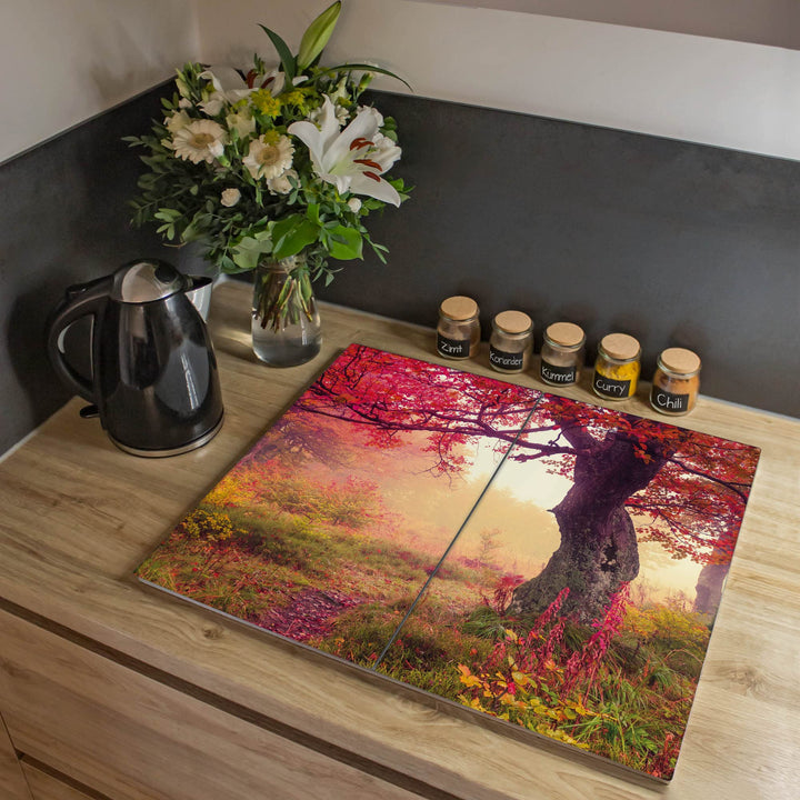 banjado® Herdabdeckplatte Glas 2-teilig je 30x52 cm/Schneidebrett Herdabdeckung mit Motiv Lichtung I