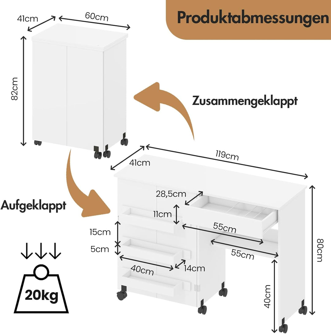 Nähtisch Klappbar, 2-in-1 Nähmaschinentisch, Nähmaschinenschrank mit Offenen Ablagefächern und Rolle