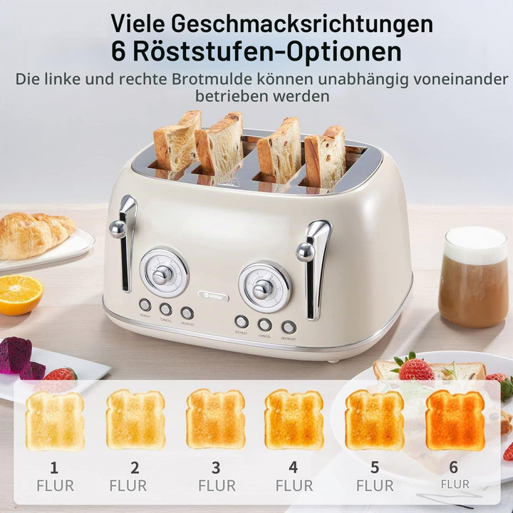 Wiltal Toaster 4 Scheiben, Toaster Langschlitz, Edelstahl Gehäuse, mit Integrierten Brötchenaufsatz,