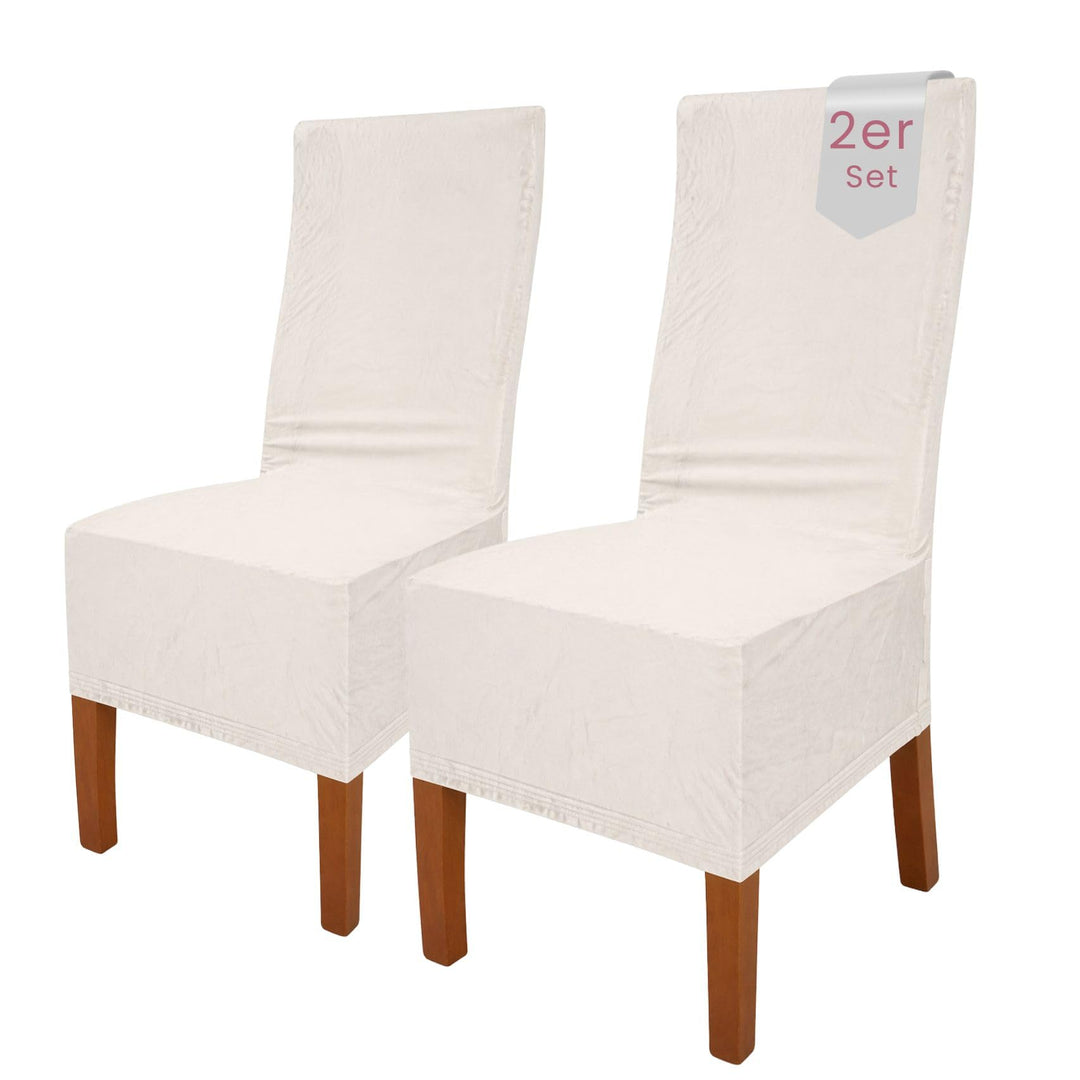 SCHEFFLER-Home Stretch Stuhlhussen Samt Puma Velvet/Velours Stuhlhussen Weiss-Ecru 2er Set/Stuhlabde