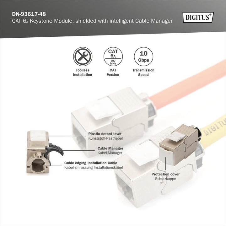 DIGITUS Keystone-Modul Cat-6A Geschirmt - 48 Stück - RJ45-Buchse - 500 MHz 10GBase-T - AWG 26-22 - D