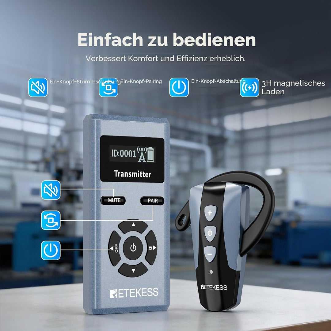 Retekess TT106S Drahtloses Tourguide-System, Tourguide-System mit Ear Hook, 2.4GHz, One-Touch-Bedien