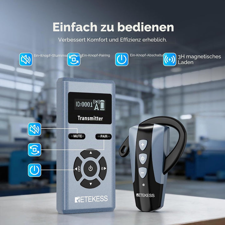 Retekess TT106S Drahtloses Tourguide-System, Tourguide-System mit Ear Hook, 2.4GHz, One-Touch-Bedien
