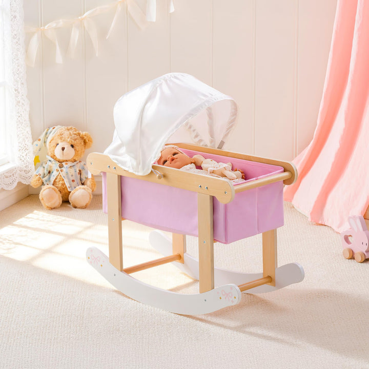 ROBUD Puppenwiege mit Baldachin für 45 cm Puppen, Puppenbett Holz mit Schaukelfunktion, Matratze und
