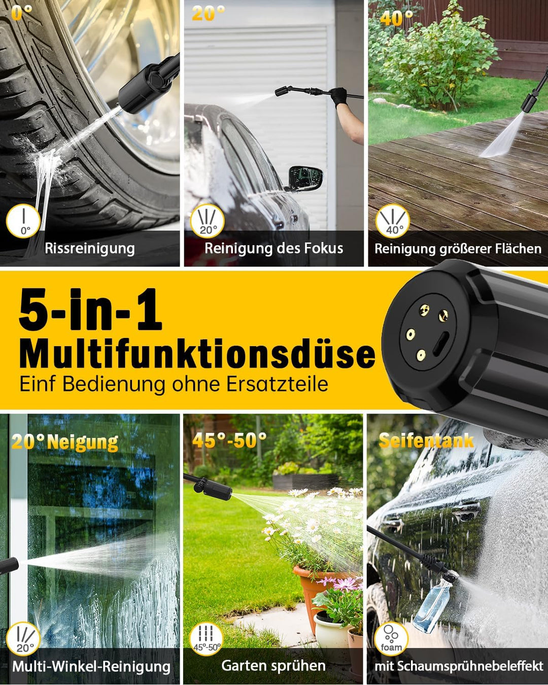 Hochdruckreiniger mit 5-in-1Düse,Pressure Washer Druck Max100 bar,480 L/h Fördermenge, 5m Hochdrucks