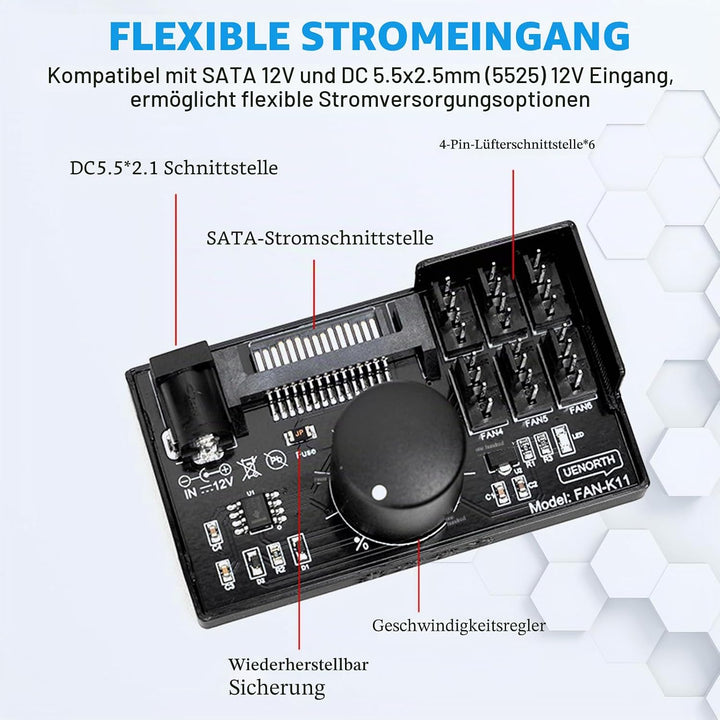 2 Stück PWM Lüfterdrehzahlregler 12V: 4-polig, PC-Lüfteradapter-Hub mit Stromversorgung über SATA un