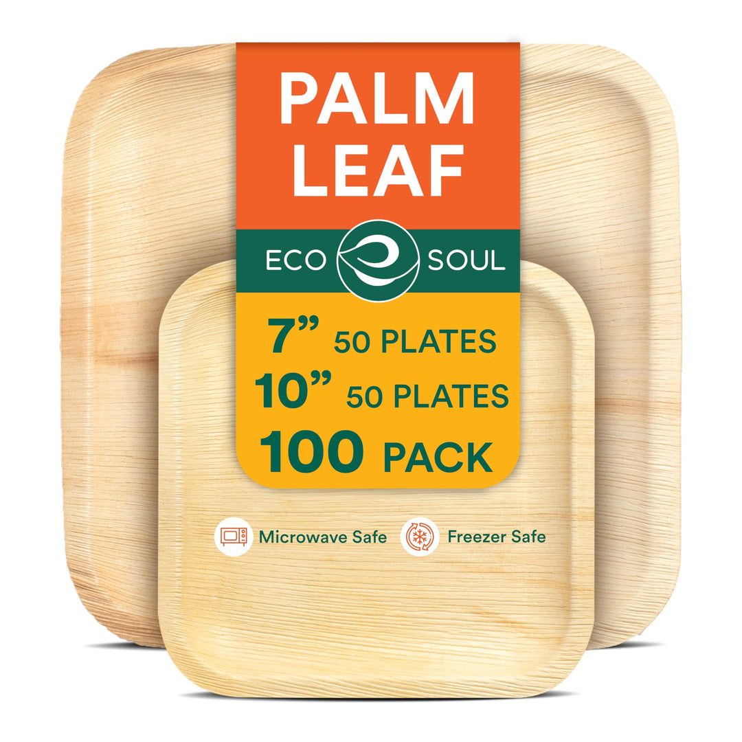 ECO SOUL Kompostierbare quadratische Palmblatt-Teller, 17,8 cm und 25,4 cm, wie Bambus-Teller, biolo
