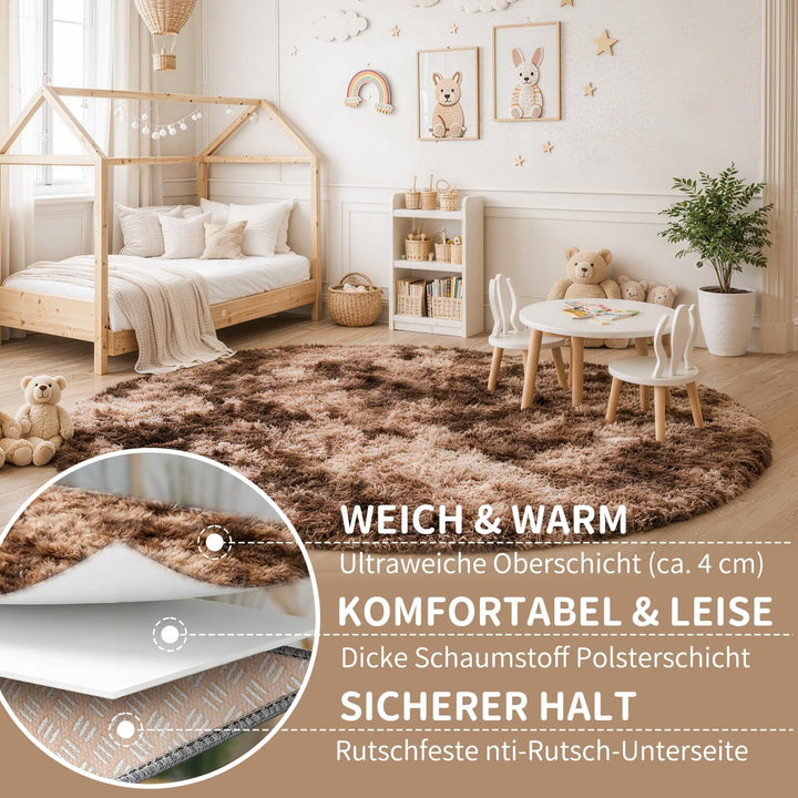 VOFUSHON Teppich Rund Hochflor Teppich Wohnzimmer Teppich Langflor Teppiche für Wohnzimmer flauschig