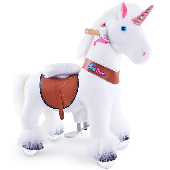 PonyCycleEinhorn Reitpferd für Kinder 3-4 Jahre, 76cm Hoch, Spielpferd mit Handbremse und Klang, Wei