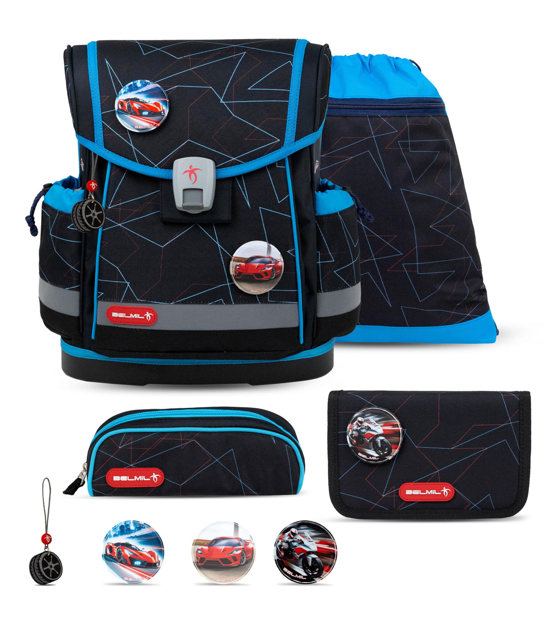 Belmil Classy Plus Schulranzen Set 5-teilig mit Brustgurt (405-78/AG/S) Cars Blue, Cars Blue