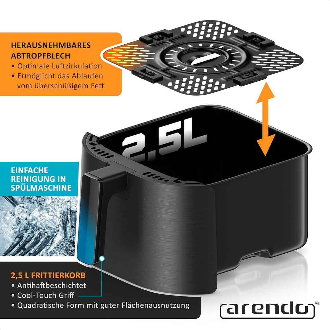 Arendo – Heissluftfritteuse klein - 2,5 Liter - Airfryer – 60 bis 200 ° C – Timer – Warmhaltefunktio