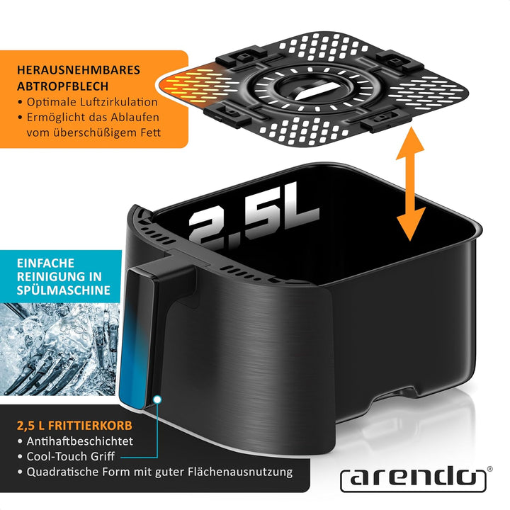 Arendo – Heissluftfritteuse klein - 2,5 Liter - Airfryer – 60 bis 200 ° C – Timer – Warmhaltefunktio