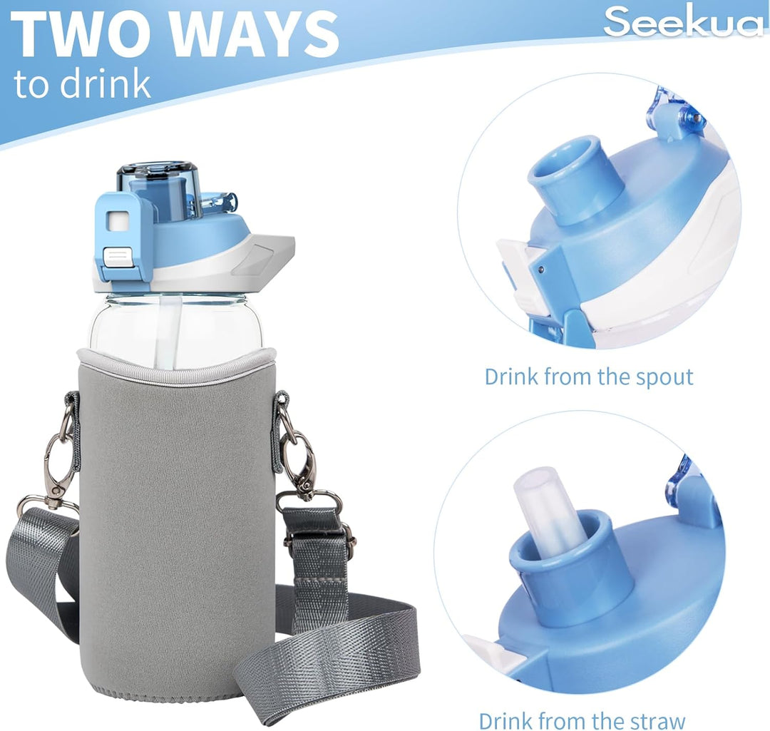 Seekua 0.6l Sport Trinkflasche Glas Flasche mit Strohhalm & Zeitmarkierung für Kinder, Schule 600ml