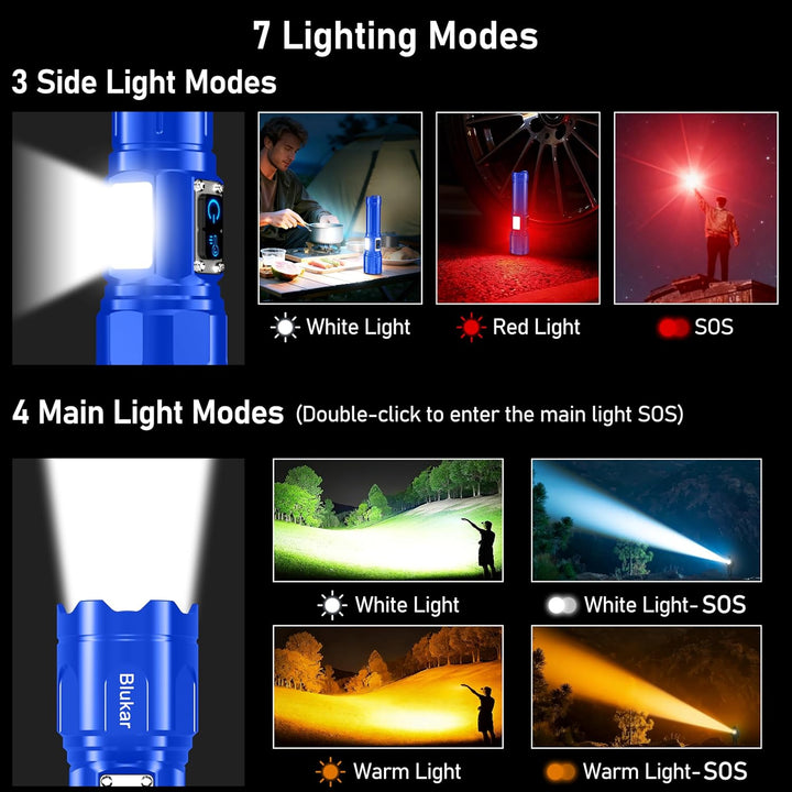 Blukar Taschenlampe LED 2 Farbtemperatur mit Hauptlicht & Seitlich COB-Licht, Aufladbar Extrem Hell
