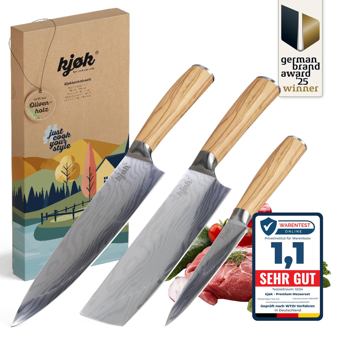 kjøk Premium Messerset Härte 58±2 HRC Asia Küchenmesser Set 3-tlg hochwertig mit Damastmesser-Muster