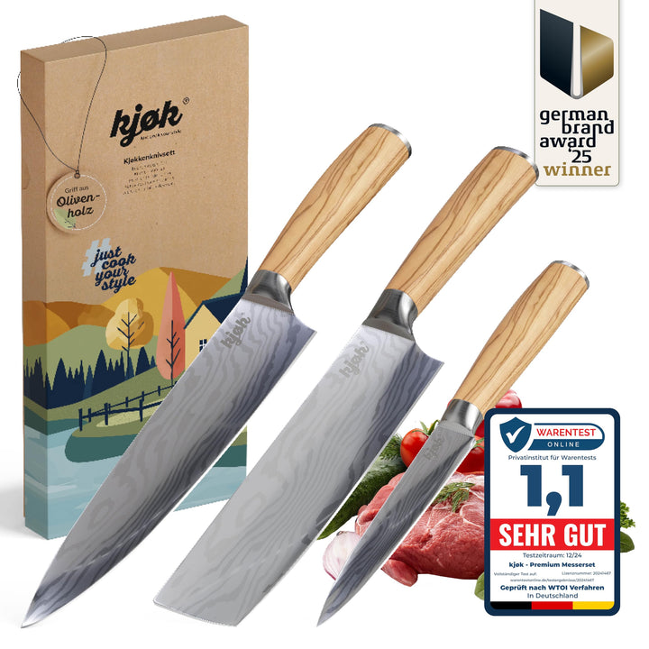 kjøk Premium Messerset Härte 58±2 HRC Asia Küchenmesser Set 3-tlg hochwertig mit Damastmesser-Muster