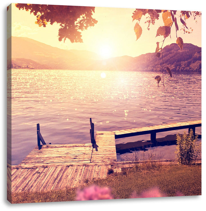 Pixxprint Steg im Sonnenuntergang Meer Urlaub, Format: 70x70 auf Leinwand, 70x70