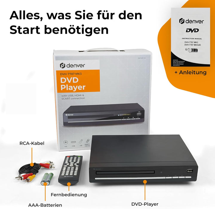 Denver DVH7787 DVD Player HDMI Für Fernseher, Mini, Alle Regionen Frei, 1080P Upscaling, Dolby Digit