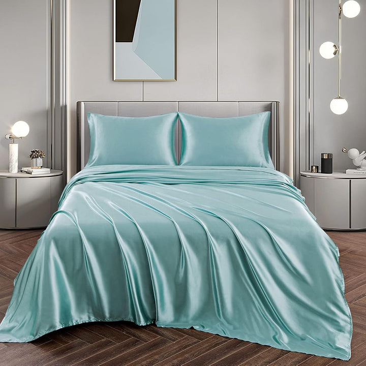 Vonty Satin-Bettlaken für King-Size-Betten, seidig weiches Satin, Aqua-Satin, 1 Spannbetttuch mit ti