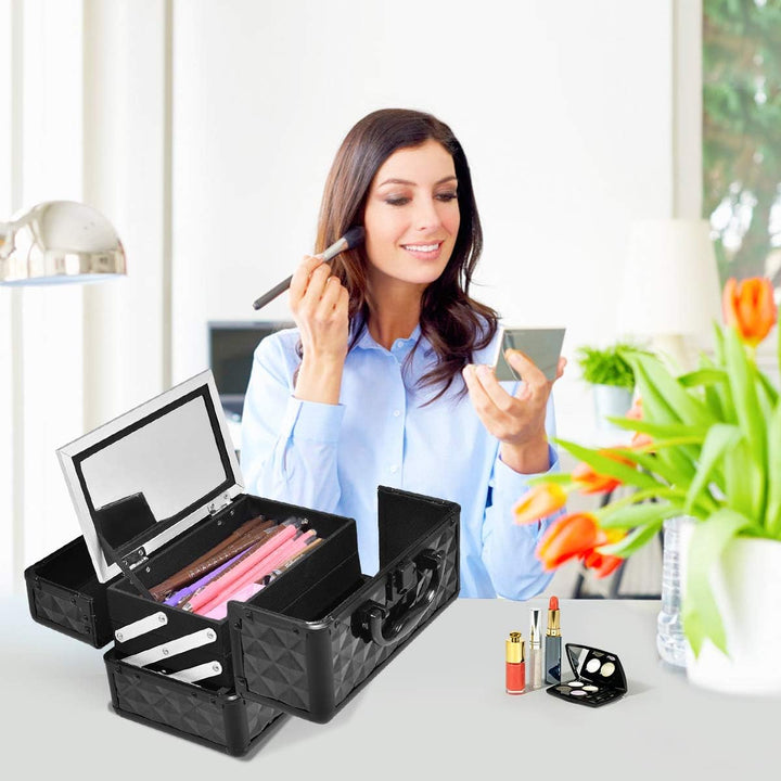 HOMASIS Kosmetikkoffer mit Spiegel, Mini Schminkkoffer mit 3 Ebenen, tragbarer Beauty Case mit Griff