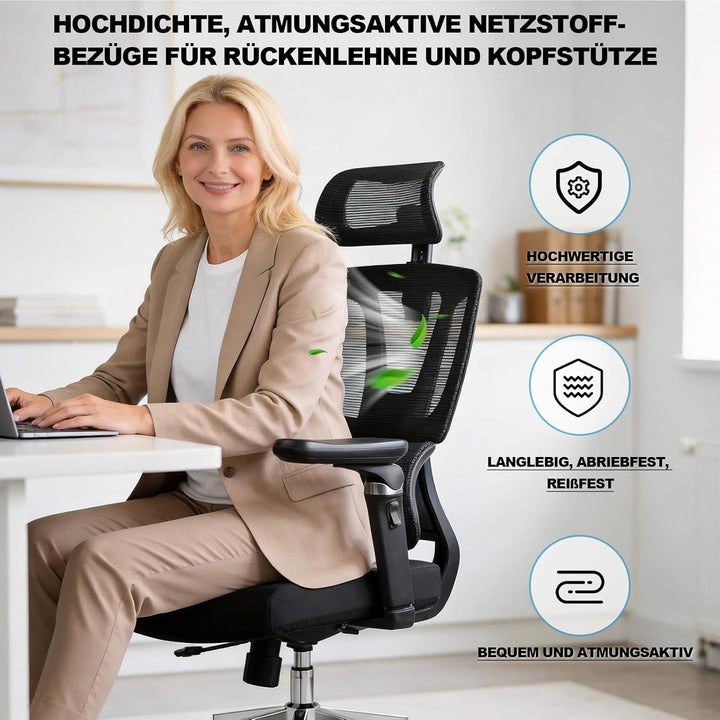 MELOKEA Bürostuhl Ergonomisch, 7D-Armlehnen, Verstellbare Sitztiefe, 4-Stufen Neigung, Gummirollen,