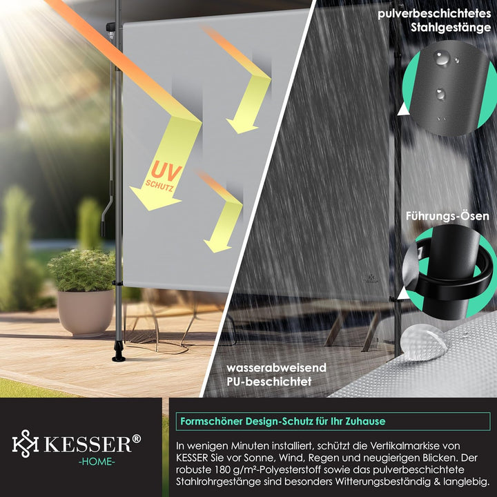 KESSER® Klemmmarkise 120x310 cm, Garten Balkon Sichtschutz wetterfest, Wind- & Sonnenschutz, Senkrec