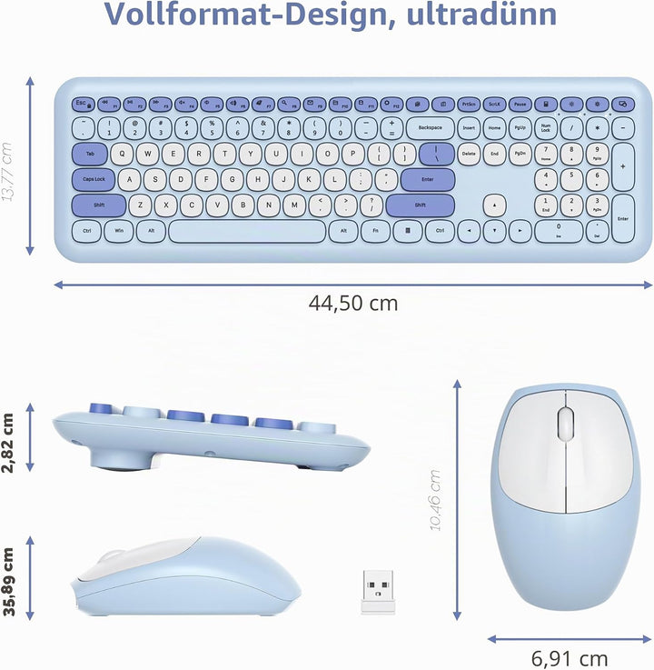 Tastatur und Maus Kabellos, Retro Bunt Tastatur Funktastatur mit Stille Mouse Amerikanisch QWERTY, C