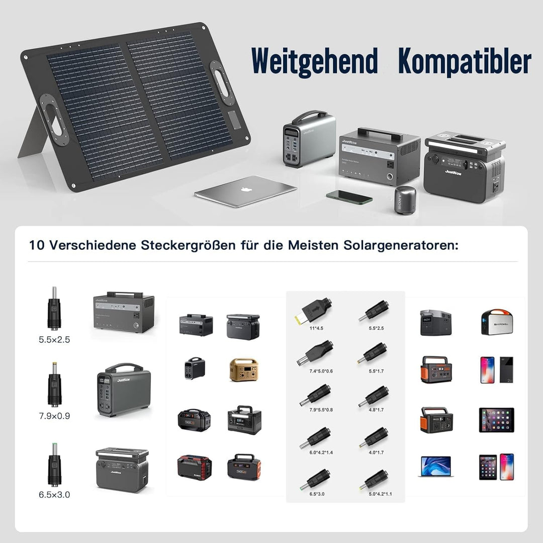 JustNow 60W Faltbares Solarpanel, Solarmodul mit 3 Ausgängen DC/USB/QC3.0,10 verschiedenen Grössen v