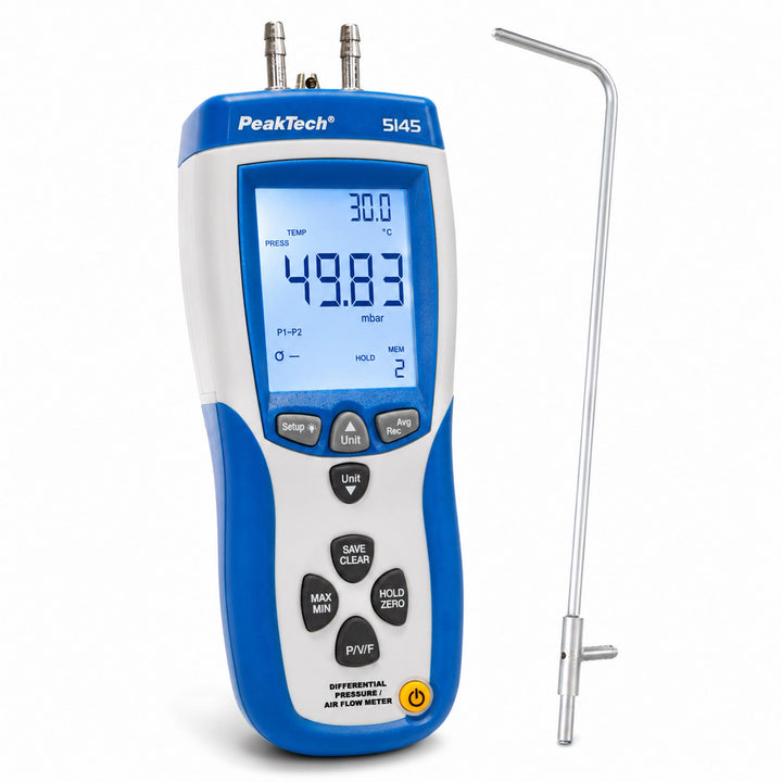 PeakTech P 5145 2 in 1 Differenz-Druckmessgerät und Luftgeschwindigkeitsmesser mit Pitot Rohr, Diffe