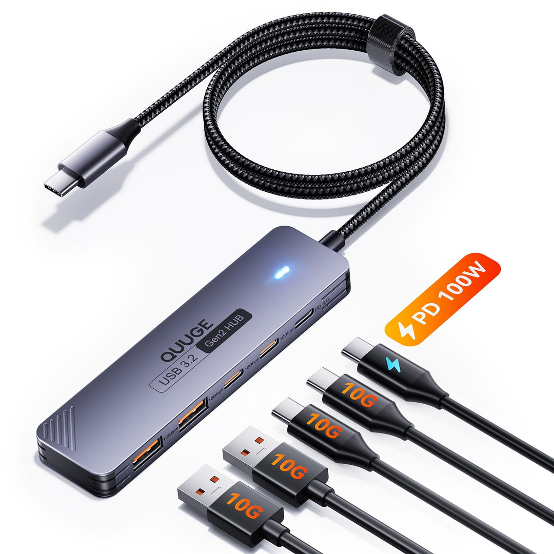 QUUGE USB C Hub 10 Gbps, PD100W, 2 USB-C & 2 USB-A 3.2 Datenports, Multiport Adapter mit 100cm Nylon