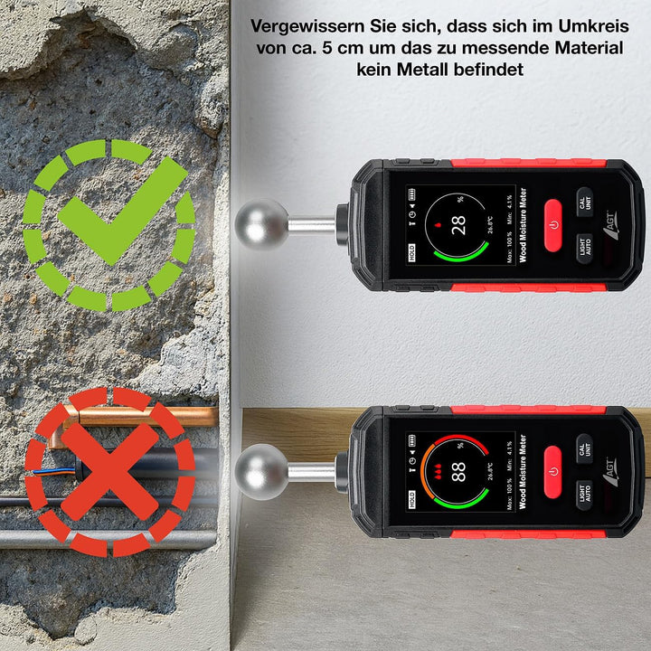 AGT Feuchtemesser: Akku-Feuchtigkeits-Messgerät, nichtinvasive Messung, Farb-LCD, 5-40 mm (Digitales