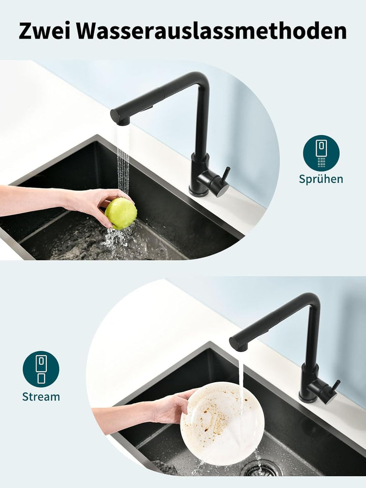 Wasserhahn Küche, Ausziehbare Küchenarmatur mit Sprühbrause aus Edelstahl und 2 Sprühfunktionen, 360