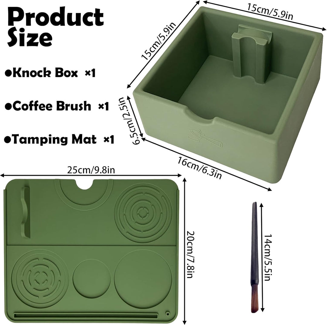 3 Stück Silikon Abklopfbehälter Set für Siebträger - Inkl. Grün Tampermatte (25x20cm), Knock Box (16