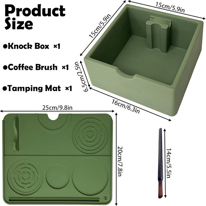 3 Stück Silikon Abklopfbehälter Set für Siebträger - Inkl. Grün Tampermatte (25x20cm), Knock Box (16