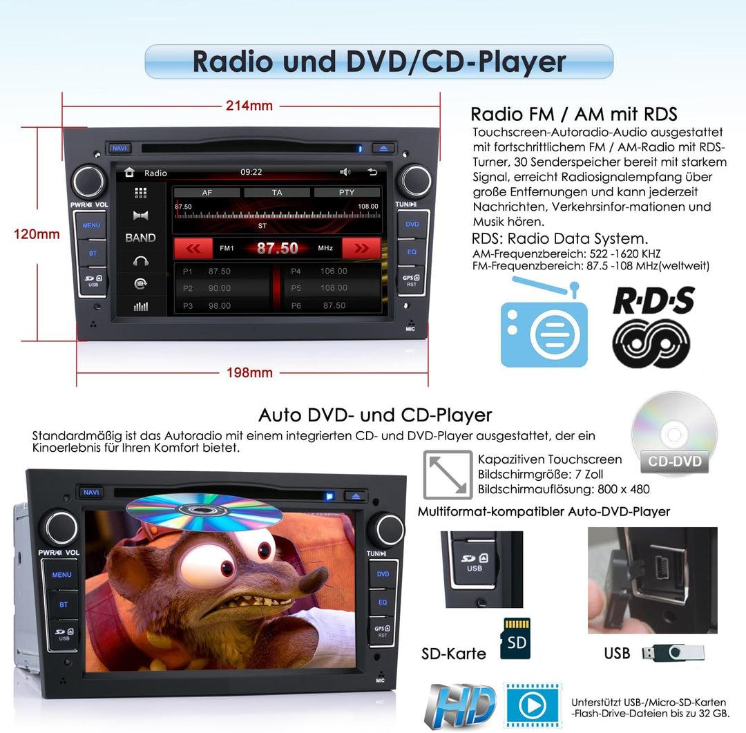 7 Zoll 2 Din Autolink Autoradio DVD CD Player GPS Navigation FM AM Radio Bluetooth USB SD Für Opel A