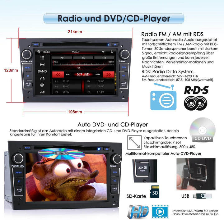 7 Zoll 2 Din Autolink Autoradio DVD CD Player GPS Navigation FM AM Radio Bluetooth USB SD Für Opel A
