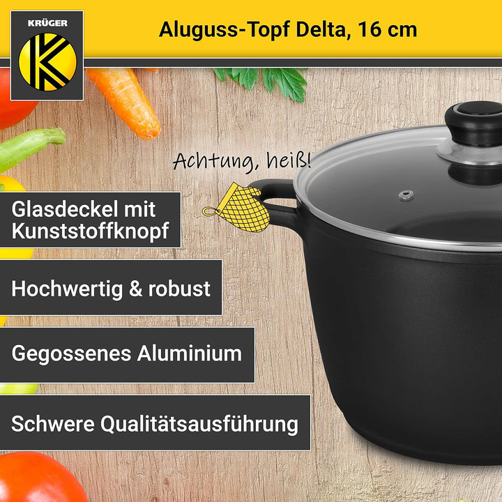 Krüger Aluguss-Topf Delta mit Glasdeckel - 16 cm - Kochtopf für gesunde & fettarme Speisen - geeigne