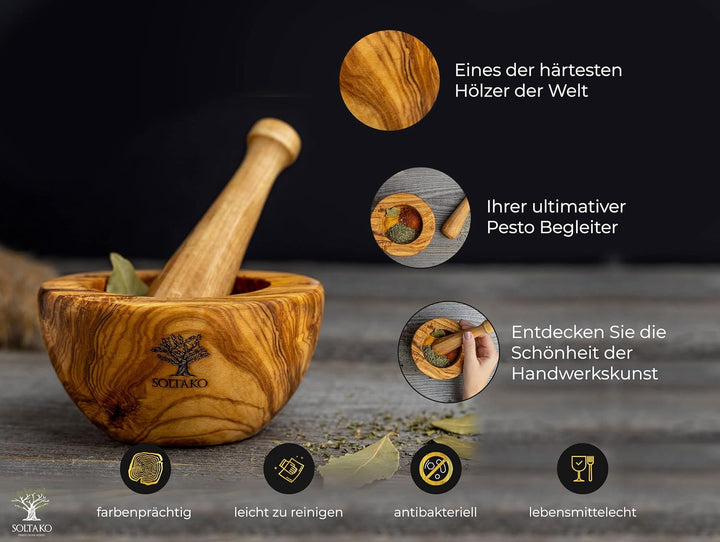 SOLTAKO Olivenholz Mörser &amp; Stössel Set - Mörser - Holzmörser - nachhaltiger Kräuter-, Gewürz-Mörser