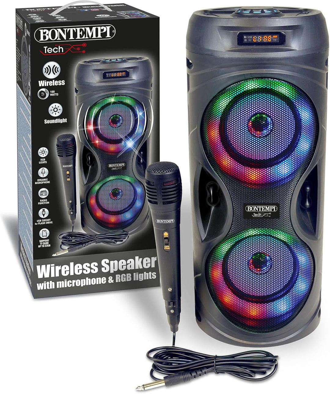 Bontempi | SonicSync - Drahtloser Verstärker Karaoke mit dynamischem Mikrofon, Lichteffekten, Bass-