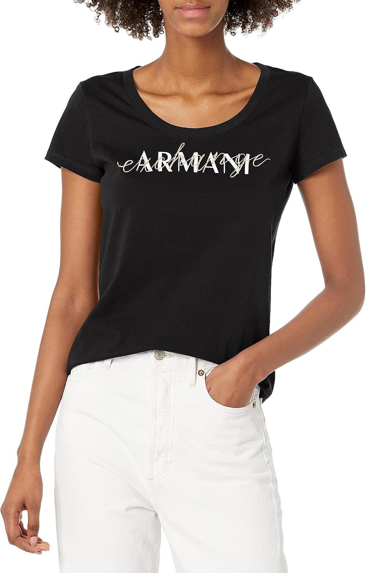 A|X ARMANI EXCHANGE Damen Overlap Logo Scoop T-Shirt, schwarz, Mittel