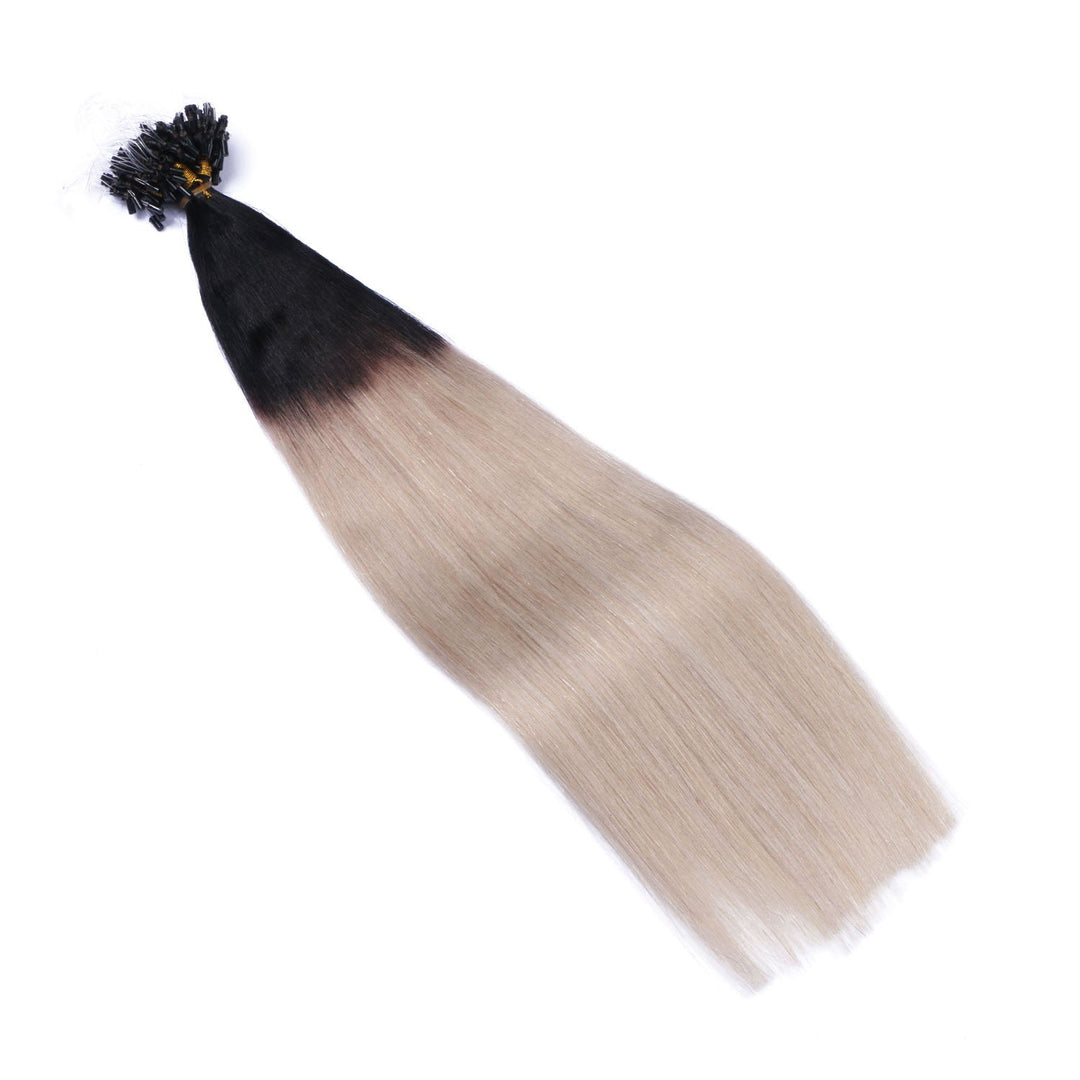 Micro-Ring/Loop Hair Extensions (#1B/GREY OMBRE - 60 cm - 50 Strähnen - 0,5g) 100% Remy Echthaar Haa