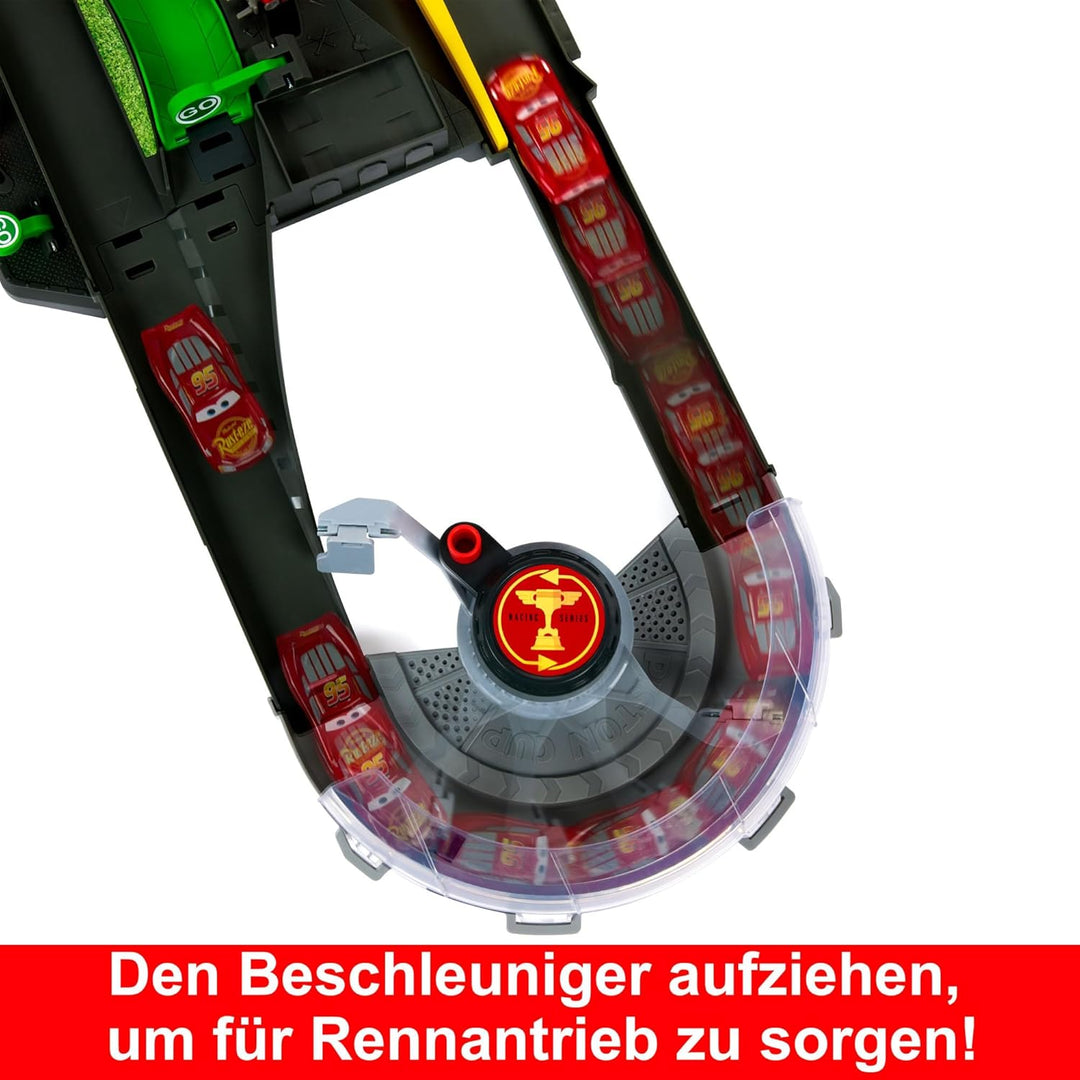 DISNEY Pixar Cars Piston Cup Action - Interaktives Rennstrecken Spielset, Beschleuniger, Boxengassen