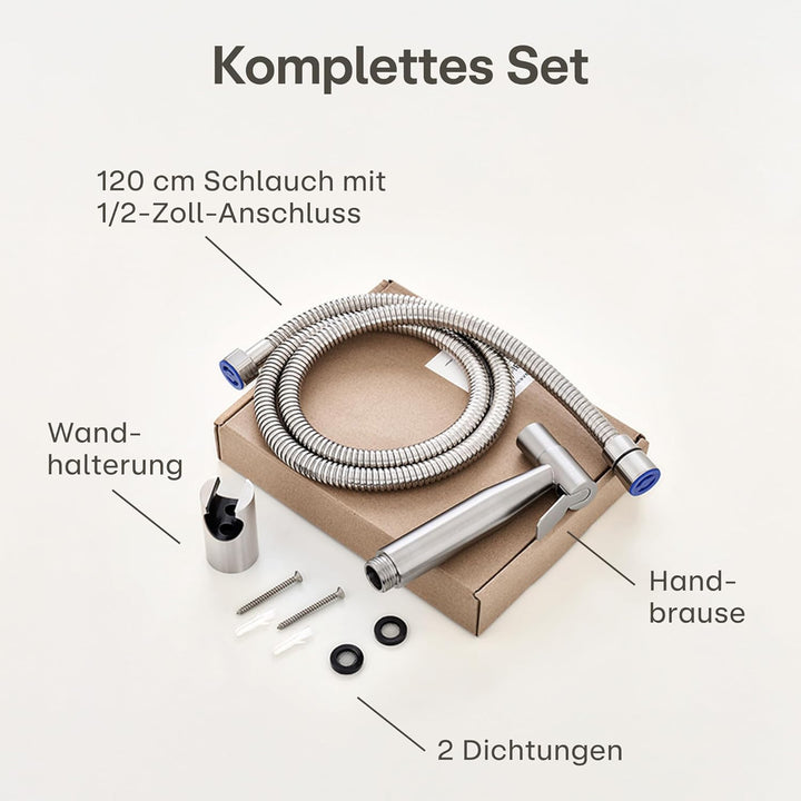 Praknu Bidet Set mit Handbrause, Schlauch & Halter Edelstahl Rostfrei - Inkl. 2 Dichtungen - 𝗘𝗶𝗻𝗳𝗮𝗰𝗵