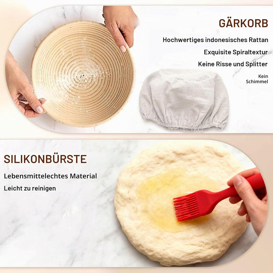 Gärkörbchen Set 25-teilig inkl. Mutterhefe | Rattan Gärkorb 23 cm oval &amp; Rundformen | Komplettes Bro