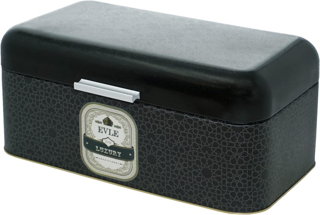 Lashuma Brot Aufbewahrung schwarz Luxus, Vintage Brotbox 36x21 cm, Brotkasten Blech mit Deckel, Luxu