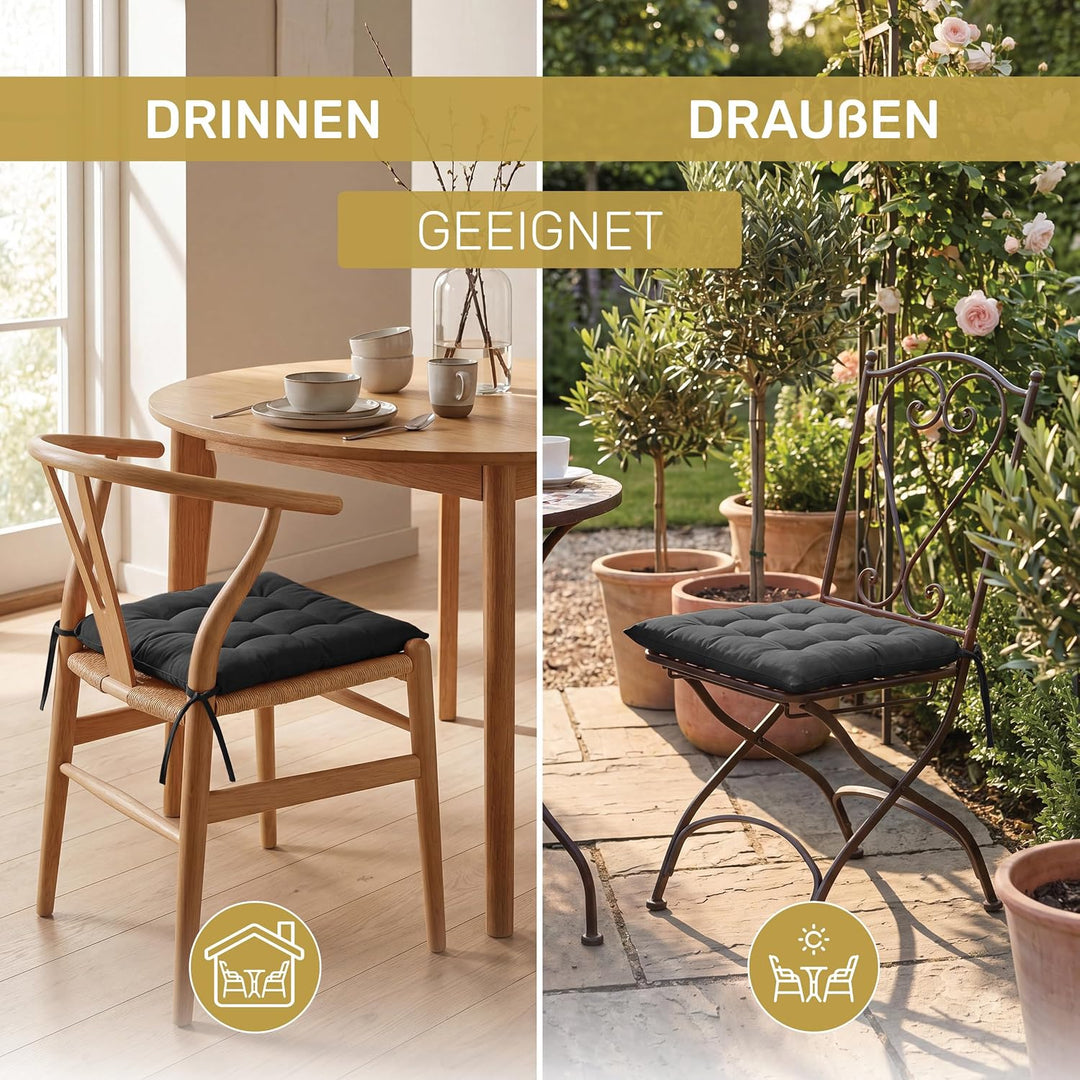 Lavea® Sitzkissen &amp; Stuhlkissen 40x40 cm – 4er Set – mit Stoffbändern – Outdoor &amp; Indoor – waschbar