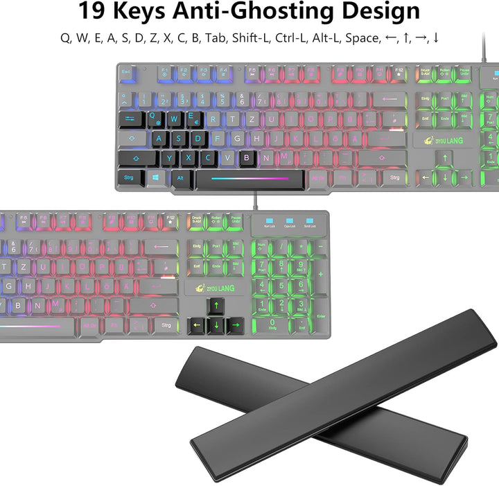 Gaming Tastatur und Maus mit Handballenauflage, QWERTZ Deutsches Layout Regenbogen LED Hintergrundbe